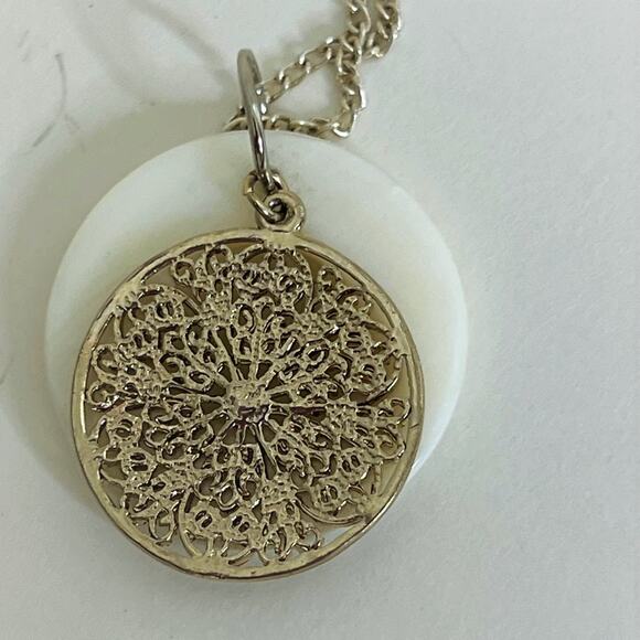 Unmarked Jewelry - Silver Tone Necklace Filigree Floral Round Disk over White Enamel Disk
